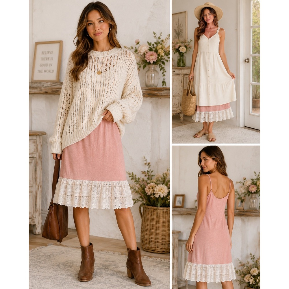 NWT Oddi Pink Dress Extender Slip Eyelet Lace Hem Layering Dress Small
